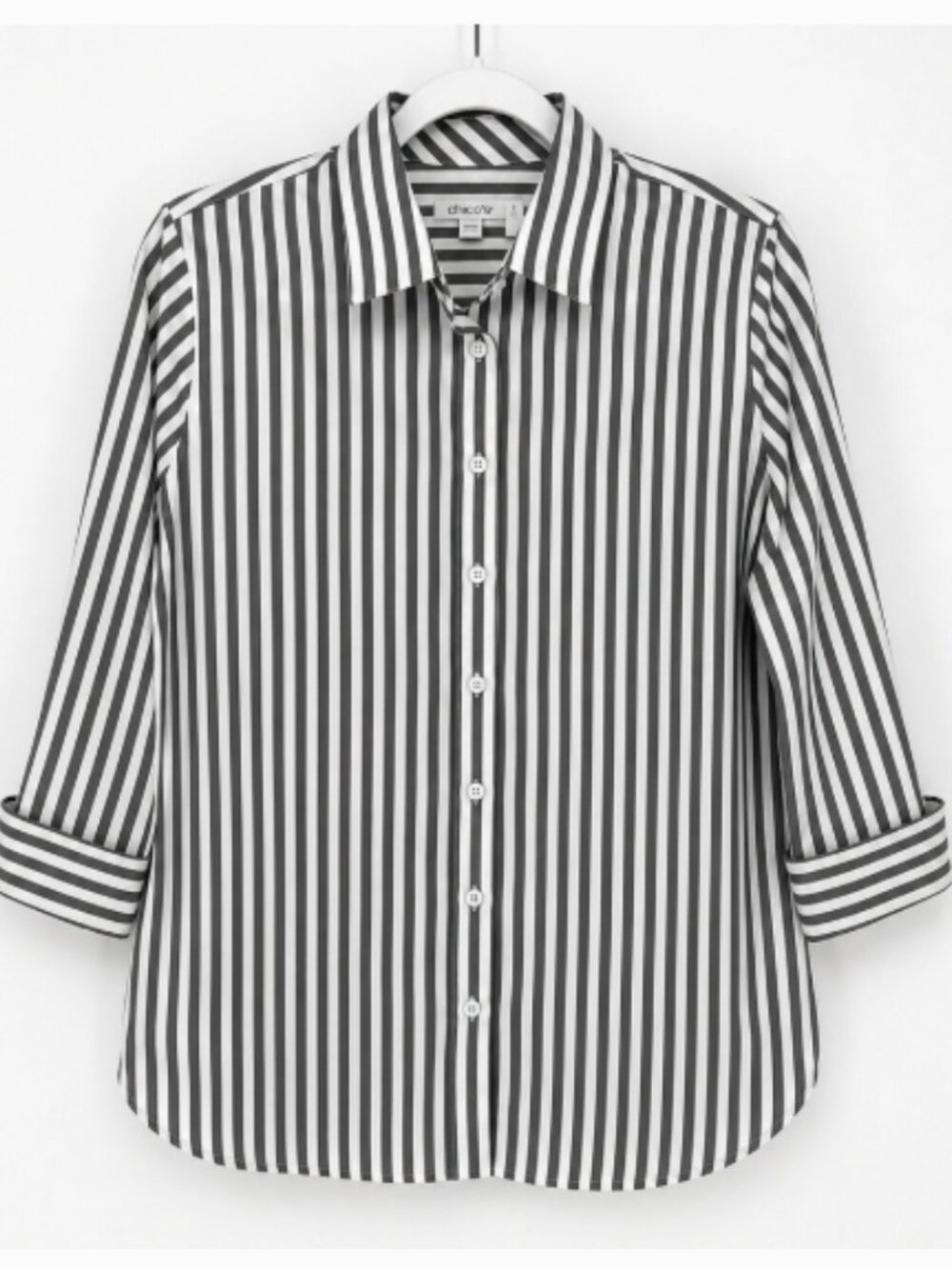 Chicos Gray White Striped Button Down Shirt 3/4 Sleeve Size 2 US 12 - Picture 2 of 11